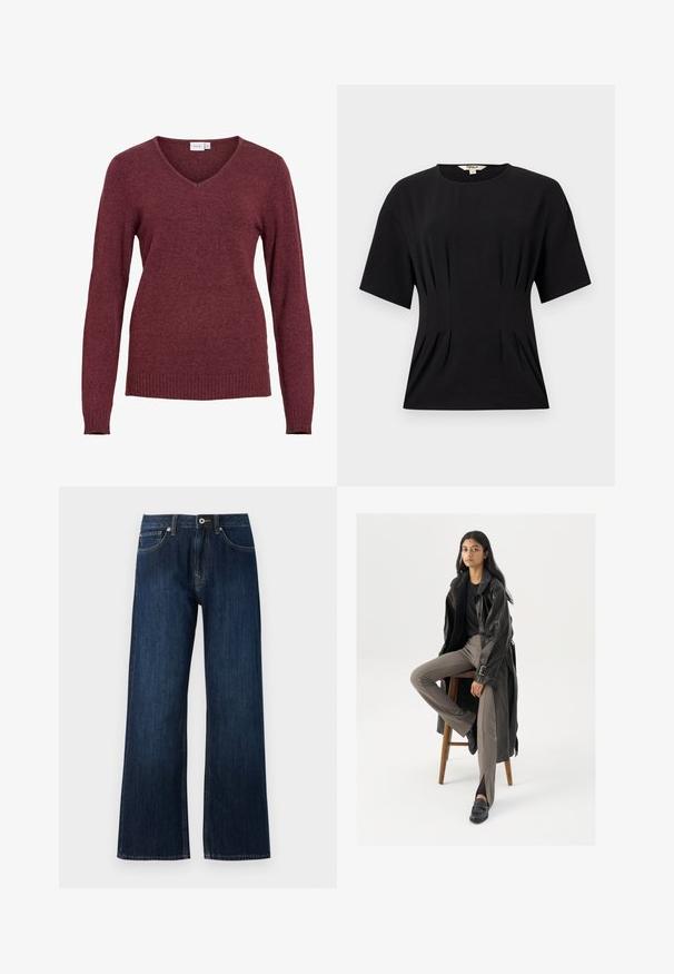 Pull bordeaux à manches longues avec col en V, poignets et ourlet côtelés, confectionné dans un tissu tricoté doux.; Haut noir à manches courtes pour femmes avec encolure ronde et plis subtils à la taille, étiqueté "ONLY", présenté sur un fond clair uni.; Jeans en denim bleu foncé à jambe large, avec une fermeture éclair, un bouton, et deux poches avant avec des coutures contrastantes.; Manteau trench en cuir noir avec des boutons et une ceinture, associé à un pantalon ajusté marron clair et des mocassins noirs, assis sur un tabouret en bois.