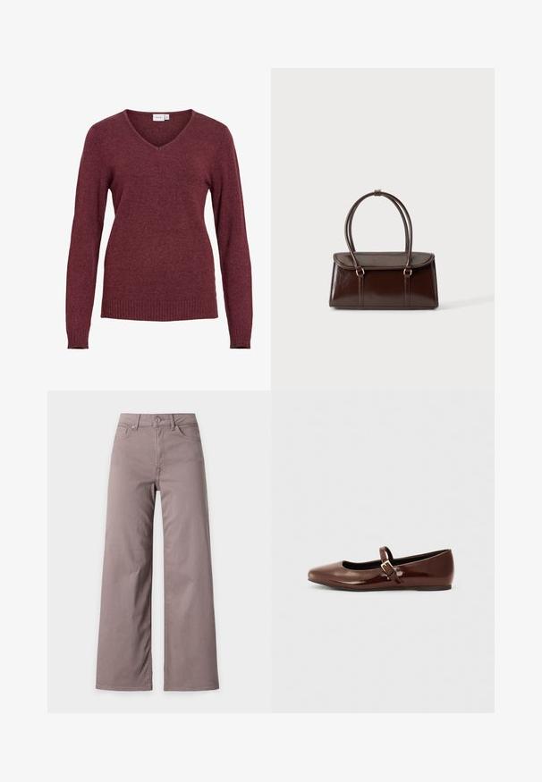 Pull bordeaux à manches longues avec col en V, poignets et ourlet côtelés, confectionné dans un tissu tricoté doux.; Pantalon taille haute à jambes larges en mauve discret avec bouton devant, fermeture éclair et poches avant et arrière sur fond uni.; Ballerine en cuir verni marron avec un bout carré et une lanière ornée d'une petite boucle dorée. Texture lisse, talon bas et design minimaliste.; Sac à main en cuir brillant marron foncé avec un corps rectangulaire structuré et deux longues anses arrondies sur un fond clair uni.