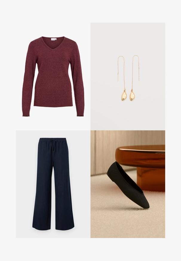 Pull bordeaux à manches longues avec col en V, poignets et ourlet côtelés, confectionné dans un tissu tricoté doux.; Pantalon large bleu marine avec taille élastique et cordon, en tissu léger.; Chaussure plate noire à bout pointu sur un tapis beige, avec une table basse ronde translucide de couleur ambre en arrière-plan.; Boucles d'oreilles fines en fil d'or avec de fines chaînes et de petits pendentifs en or lisses, de forme irrégulière, suspendus aux extrémités.
