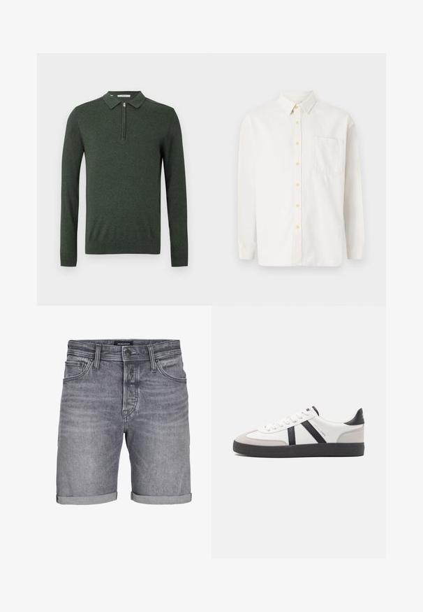 Dunkelgrüner Langarm-Polo-Pullover mit Viertelreißverschluss sowie gerippten Bündchen und Saum, vor einem schlichten hellen Hintergrund präsentiert.; Weißes Langarmhemd aus Baumwollmischung, mit Button-Down-Kragen, gelben Knöpfen und einer einzelnen Brusttasche. Klassische Passform.; Graue Jeansshorts mit einem leicht abgetragenen Look, einem umgeschlagenen Saum, einem Fünf-Taschen-Design und einem Knopfverschluss. Marke: JACK & JONES.; Weiße Sneaker mit schwarz- und grau-aczenten, ausgestattet mit einer strukturierten grauen Zehenkappe, schwarzer Gummi-Sohle und flachen weißen Schnürsenkeln. Sauberes Design, minimalistische Stil.