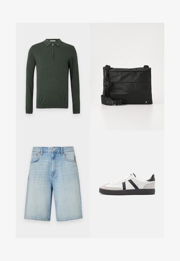 Mørkegrøn langærmet polo sweater med kvart lynlås og ribbede manchetter og kant, vist på en enkelt lys baggrund.; Lyseblå denimshorts med lige skæring, forsynet med knap- og lynlåslukning, fem lommer og en let slidtblandet finish.; Hvide sneakers med sorte og grå detaljer, med en tekstureret grå tåhætte, sort gummisål og flade hvide snørebånd. Rent design, minimalistisk stil.; Sort nylon messenger-taske med justerbar rem, fladt design og et sideetiket med et logo. Glat tekstur og minimalistisk stil.