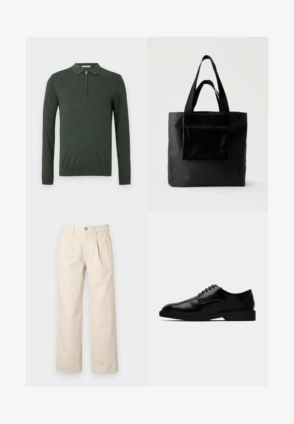 Mørkegrøn langærmet polo sweater med kvart lynlås og ribbede manchetter og kant, vist på en enkelt lys baggrund.; Beige brede bukser med høj talje, der har folder foran, en knappelukning foran og et glat bomuldsstof.; Sorte læder dress sko med en glat finish, rund tå, snørebåndsdesign og diskret gummisål for godt greb.; Sort tote-taske med lynlåslomme foran og to håndtag, sat mod en ensfarvet lys baggrund.