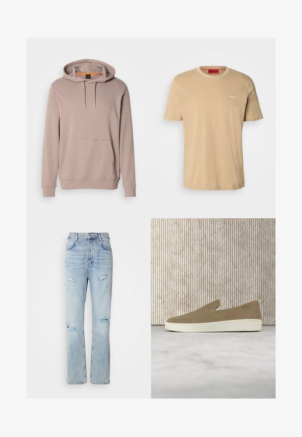 Lysbrun hættetrøje med forlommer og snoretræk, der har et lille firkantet logo patch på brystet.; Beige bomulds t-shirt med rund halsudskæring, korte ærmer og et lille hvidt "HUGO" logo på brystet. Glat tekstur uden mønstre.; Lysvaskede denimjeans med en afslappet pasform, der har slidte områder og frynsede kanter. Stoffet har en blød, glat tekstur.; Beige slip-on sko med hvid sål, vist i luften over et lyst tæppe med ravfarvet gennemsigtigt møblement i baggrunden.