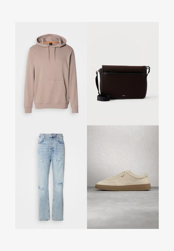 Sweat à capuche brun clair avec poche avant et cordons, arborant un petit patch logo carré sur la poitrine.; Jean en denim délavé avec une coupe décontractée, présentant des zones déchirées et des bords effilochés. Le tissu a une texture douce et lisse.; Baskets en daim beige clair avec une semelle en caoutchouc gomme, des lacets prononcés et des détails de couture subtils. Design épuré avec une esthétique minimaliste.; Sac messager en tissu brun foncé avec une sangle noire ajustable et un petit logo argenté "BOSS" sur le rabat avant.