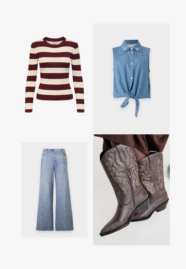 Pull en maille côtelée à manches longues avec larges rayures horizontales bordeaux et crème et col rond.; Chemise sans manches en denim bleu clair avec des boutons sur le devant, un lien à l'ourlet et des embellissements floraux en perles sur le col.; Jean large en denim bleu clair avec taille haute, bouton avant et design cinq poches, présenté sur un fond uni.; Bottes de cowboy en cuir marron avec un bout pointu, fermeture éclair sur le côté et design serpent texturé en beige, ornées de clous décoratifs le long des bords.