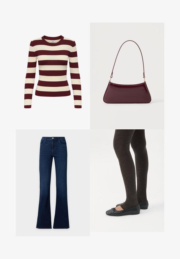 Langærmet ribstrikket trøje med brede horisontale bordeaux- og cremefarvede striber og en rund halsudskæring.; Mørkeblå denimjeans med flared ben, forlommer og knaplukning ved taljen.; Ben iført mørke ribbede leggings kombineret med sorte balletsko med små sløjfedetaljer på hvid baggrund.; Mørk burgunderglans håndtaske med et enkelt tyndt håndtag og en elegant, trapezformet form på en ensartet lys baggrund.