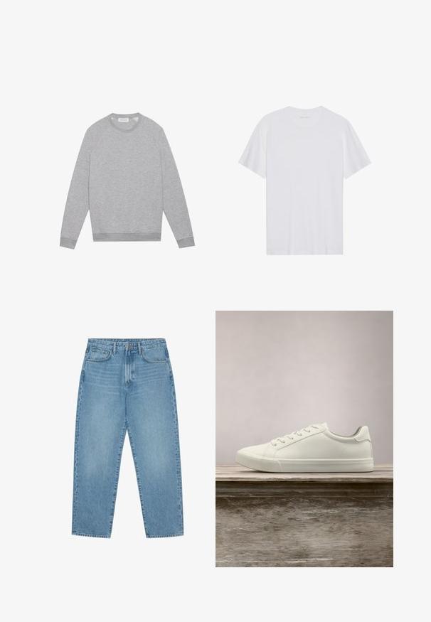 Sweat-shirt à col rond gris clair à manches longues avec des poignets et un ourlet côtelés, présenté à plat sur un fond uni.; T-shirt en coton blanc à manches courtes, col rond et texture lisse. Présente un branding minimal au niveau du col.; Jean en denim bleu clair avec une coupe droite, design cinq poches et une texture légèrement délavée. Dispose d'une fermeture à bouton et à glissière.; Sneaker en dentelle blanche flottant au-dessus d'un banc en bois avec un feuillage vert en arrière-plan, mettant en valeur le design et la texture de la chaussure.