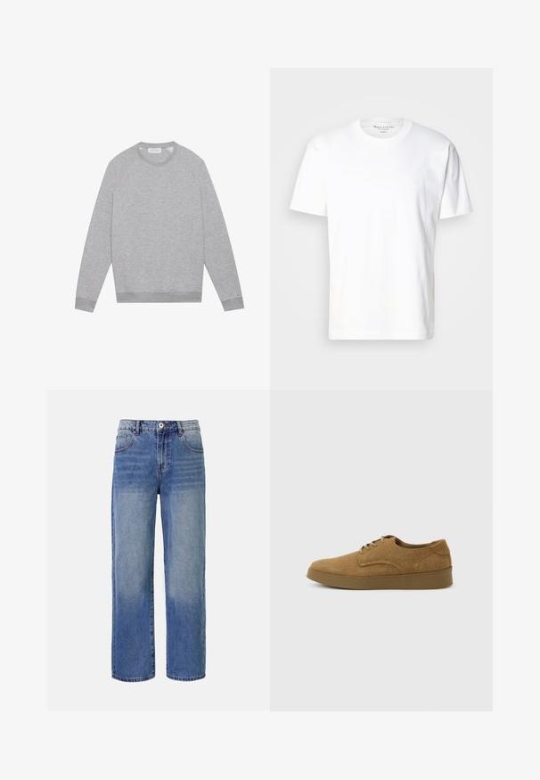 Sweat-shirt à col rond gris clair à manches longues avec des poignets et un ourlet côtelés, présenté à plat sur un fond uni.; T-shirt en coton blanc avec un col rond et des manches courtes. Présente un détail de logo subtil sur le devant. Texture lisse, coupe décontractée.; Jeans en denim bleu clair à jambes larges avec un motif délavé, cinq poches et une fermeture à glissière. Comprend un bouton et des passants de ceinture à la taille.; Chaussure décontractée à lacets en daim marron avec semelle en caoutchouc plate, vue de côté sur un fond clair uni.