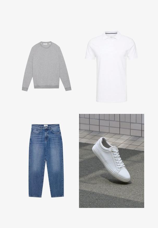 Light grey long-sleeve crewneck sweatshirt with ribbed cuffs and hem, displayed flat on a plain background.; White polo shirt made of cotton, featuring a traditional collar, short sleeves, and three-button placket with subtle navy accents on the inside.; Blue denim jeans with a high waist, straight leg design, and faded finish. Features five pockets and a button closure.; White sneakers with a textured leather upper, flat laces, and a smooth rubber sole. Slightly rounded toe and minimalist design.