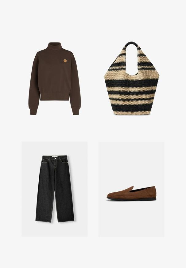 Sweatshirt marron à col haut avec une finition texturée. Présente des épaules tombantes et un petit logo circulaire beige sur la poitrine. Poignets et ourlet côtelés.; Jean noir en denim à jambes larges avec cinq poches, fermeture à bouton en métal et zip, et des coutures contrastantes jaunes le long des coutures.; Mocassins en daim marron avec une semelle plate et un bout arrondi. Présentent un design minimaliste sans lacets, sans éléments métalliques visibles ni motifs.; Grand sac cabas tissé à rayures beige et noires avec une large poignée et une texture douce.