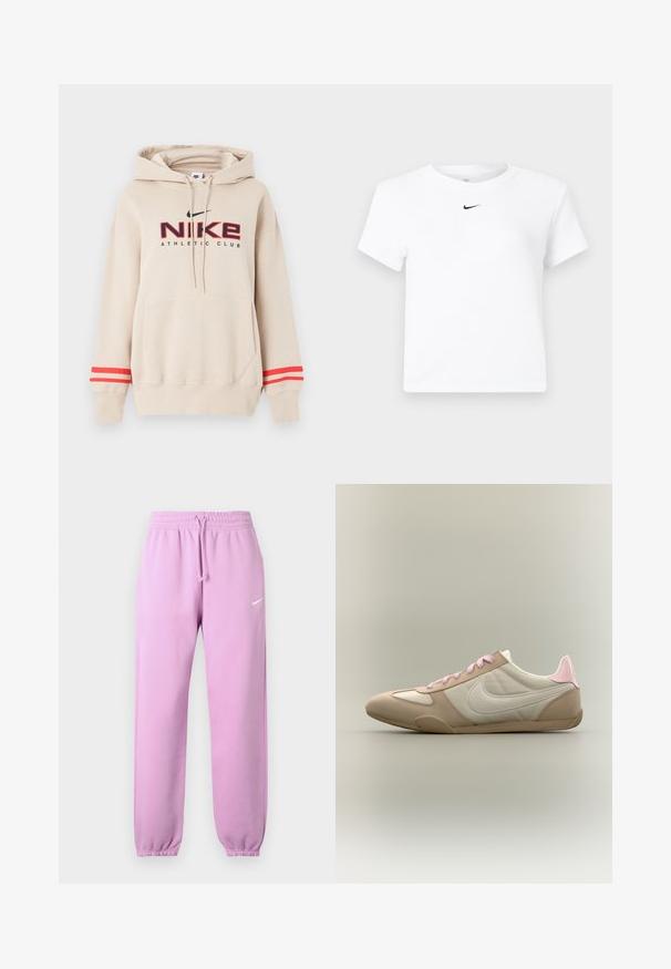 Μπεζ φούτερ Nike με μπροστινή τσέπη, κόκκινες ρίγες στα μανίκια και λογότυπο "Nike Athletic Club" σε μαύρο και κόκκινο στο στήθος.; Λευκό κοντομάνικο cropped T-shirt της Nike με μικρό μαύρο λογότυπο Nike Swoosh στο κέντρο κάτω από τη λαιμόκοψη.; Ανοιχτό μωβ φόρμες Nike με ελαστική μέση, ρυθμιζόμενο κορδόνι, ελαστικές μανσέτες και λευκό λογότυπο Nike στο αριστερό μηρό.; Χαμηλού προφίλ μπεζ και λευκό αθλητικό παπούτσι με ροζ κορδόνια και έμφαση στη φτέρνα, που δείχνει το λογότυπο της Nike στο πλάι σε μονόχρωμο φόντο.