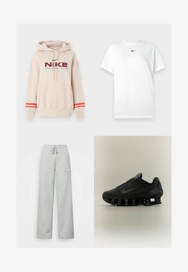 Μπεζ φούτερ Nike με μπροστινή τσέπη, κόκκινες ρίγες στα μανίκια και λογότυπο "Nike Athletic Club" σε μαύρο και κόκκινο στο στήθος.; Λευκό T-shirt κοντομάνικο με στρογγυλή λαιμόκοψη και μικρό μαύρο λογότυπο Nike κάτω από τον λαιμό.; Γκρίζα φόρμα με ελαστική μέση, λεπτομέρεια με κορδόνι και μικρό λευκό λογότυπο Nike στο αριστερό μηρό. Μαλακό ύφασμα, χαλαρή εφαρμογή.; Μαύρο αθλητικό παπούτσι Nike με φερμουάρ στο πάνω μέρος και χαρακτηριστική σόλα με τμηματικές ελαστικές άνοιξη, παρουσιάζεται σε πλάγια όψη πάνω σε ουδέτερο φόντο.