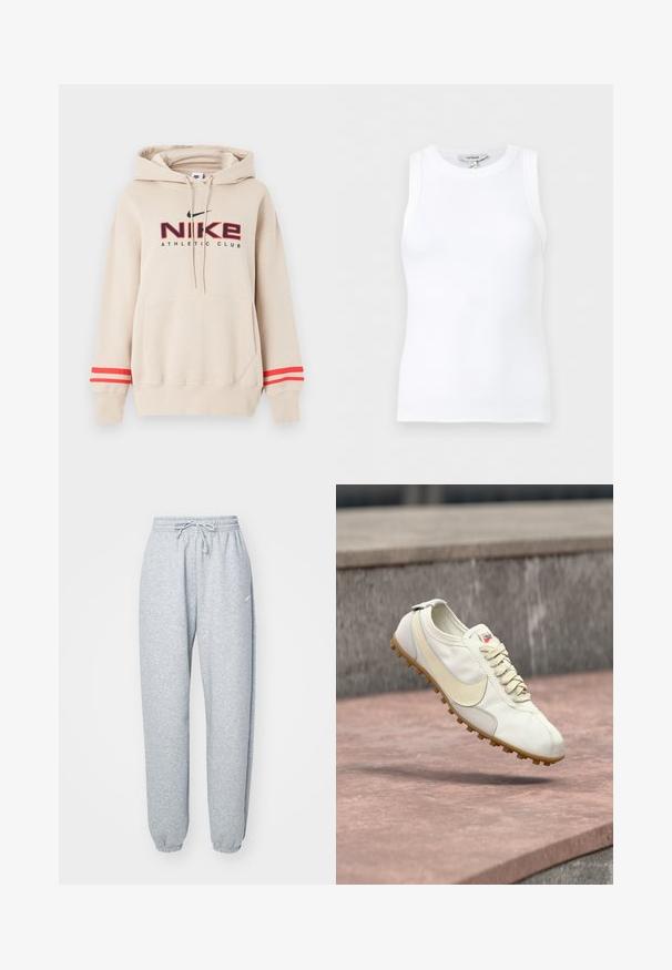 Μπεζ φούτερ Nike με μπροστινή τσέπη, κόκκινες ρίγες στα μανίκια και λογότυπο "Nike Athletic Club" σε μαύρο και κόκκινο στο στήθος.; Λευκό ριμπαριστό αμάνικο τοπ με στρογγυλή λαιμόκοψη, εφαρμοστή γραμμή και μικρή ετικέτα μάρκας στο εσωτερικό του γιακά.; Ανοιχτό γκρι φόρμες από μαλακό μείγμα βαμβακιού, με ελαστική μέση και κορδόνι, στενές γύρω από τα πόδια και ribbed μανσέτες. Ελάχιστη λεπτομέρεια στην επωνυμία.; Λευκό και μπεζ αθλητικό παπούτσι με κορδόνια και καουτσούκ σόλα να αιωρείται πάνω από μια πέτρινη επιφάνεια με θολό σκυρόδεμα φόντο.