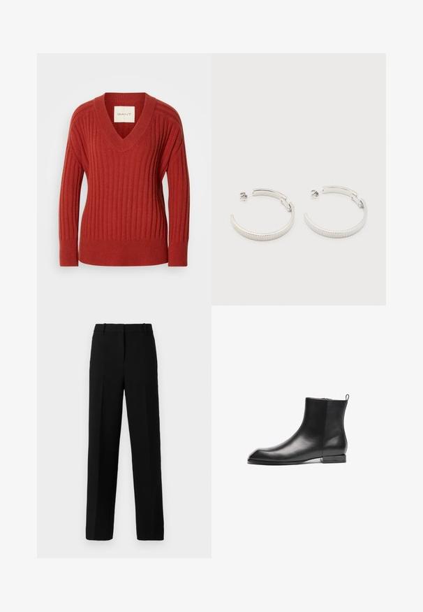 Pull rouge à côtes avec un col en V, des manches longues et une taille ajustée. Fabriqué à partir d'un matériau doux et texturé. Étiquette visible à l'intérieur de l'encolure.; Pantalon noir avec une coupe droite, confectionné en tissu texturé, doté d'un devant plat, de deux plis marqués et de passants de ceinture.; Bottine en cuir noir avec une texture lisse, un bout pointu, un design minimaliste et un petit talon carré. Comprend une languette à l'arrière pour un enfilage facile.; Boucles d'oreilles demi-cercles ton argent avec texture striée et fermoirs à pression sur fond blanc.