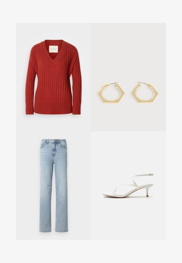 Pull rouge à côtes avec un col en V, des manches longues et une taille ajustée. Fabriqué à partir d'un matériau doux et texturé. Étiquette visible à l'intérieur de l'encolure.; Jean en denim bleu clair avec une coupe droite, design classique à cinq poches, et une fermeture à bouton et zip à la taille.; Sandale à brides pour femme blanche avec petit talon kitten et boucle à la cheville sur fond blanc uni.; Boucles d'oreilles créoles hexagonales en or avec une surface lisse et une rangée de cristaux clairs le long du bord intérieur. La quincaillerie en métal complète le design.
