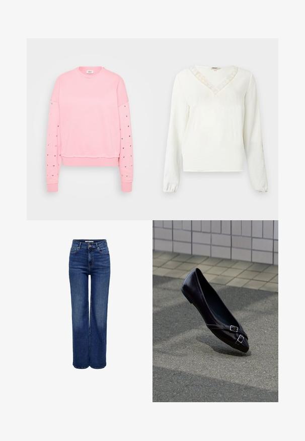 Roze sweatshirt met een ronde hals, cropped design en lange mouwen met zilveren hartmotieven langs de mouwen. Zachte katoenmateriaal.; Witte blouse met lange mouwen en een V-hals met kanten rand, gestructureerde stof en elastische manchetten.; Donkere blauwe spijkerbroek met hoge taille en wijde pijpen, voorzien van een knoopsluiting, vijf zakken en contrasterende stiksel.; Zwarte spitse ballerina met twee kleine zilveren gespen zwevend boven asfalt bij een achtergrond van betegelde muur.