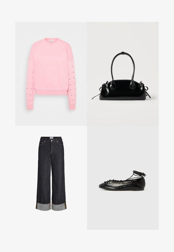 Rosa Sweatshirt mit Rundhalsausschnitt, cropped Design und langen Ärmeln, die mit silbernen Herzmotiven entlang der Ärmel versehen sind. Weiches Baumwollmaterial.; Dunkelblaue Jeans mit weitem Bein, aufgeschlagenen Säumen, fünf Taschen und kontrastierenden gelben Nähten.; Schwarze Ballerinas aus Lackleder mit runder Spitze, Schnürdesign und flacher Sohle. Glatte Textur mit minimaler Verzierung.; Kleine schwarze glänzende Handtasche mit zwei langen Griffen und seitlichen Kordelzug-Details vor einfachem hellem Hintergrund.
