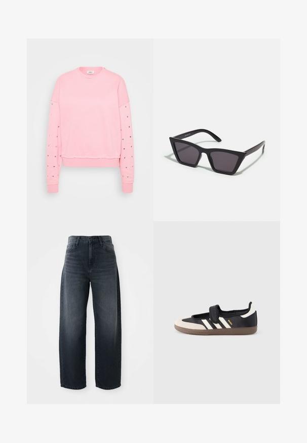 Roze sweatshirt met een ronde hals, cropped design en lange mouwen met zilveren hartmotieven langs de mouwen. Zachte katoenmateriaal.; Wijd gesneden jeans in een donkere denimwas, met een hoge taille, klassieke knoop- en ritssluiting en subtiele vervaging aan de voorkant.; Zwart-beige sneaker met een klittenbandsluiting, drie witte strepen aan de zijkant en een getextureerde bruine rubberen zool. Merkembleem zichtbaar.; Zwarte, hoekige zonnebril met grijze lenzen; gemaakt van plastic, met dikke armen met een gladde oppervlakte en zonder zichtbare hardware.