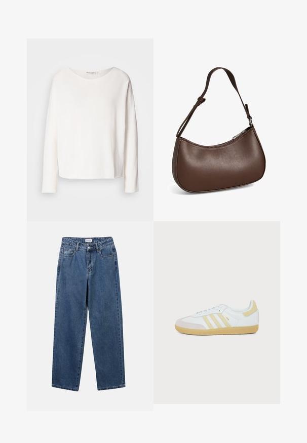 Blusa de manga larga y cuello redondo en suave y ligera tela blanca con un corte holgado. Presenta un dobladillo limpio y sin herrajes visibles.; Jeans de mezclilla azul clásico con un diseño de pierna recta, cinco bolsillos y cierre de botón. Presenta un lavado medio y una textura resistente.; Zapatilla blanca Adidas Samba con detalles en ante beige, tres rayas texturizadas y suela de goma mostrada de lado sobre un fondo blanco.; Pequeño bolso bandolera de cuero marrón con correa ajustable y cierre de cremallera, mostrado sobre un fondo blanco. Sin logotipos ni adornos visibles.