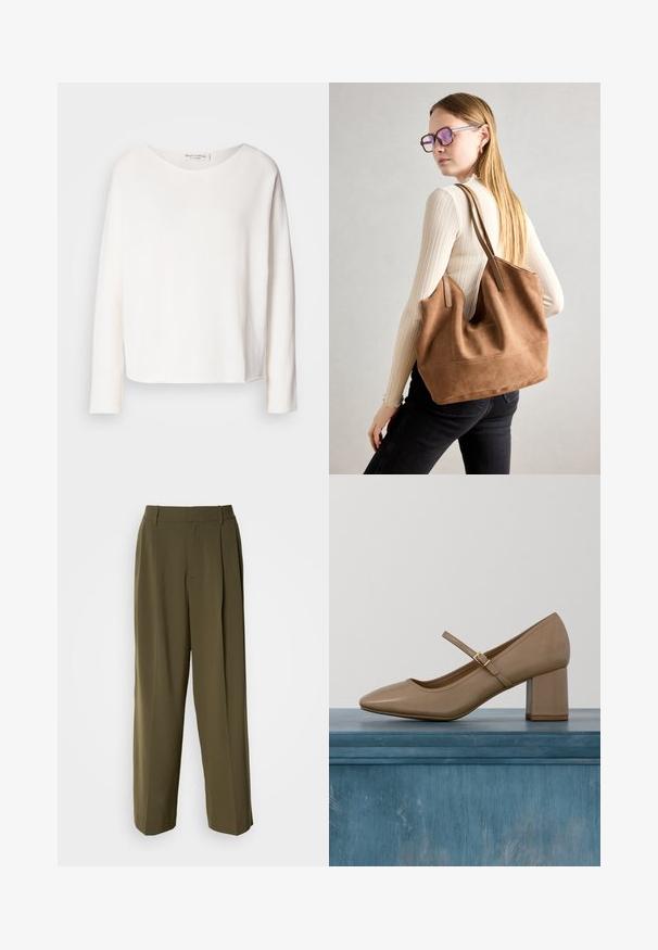 Blusa de manga larga y cuello redondo en suave y ligera tela blanca con un corte holgado. Presenta un dobladillo limpio y sin herrajes visibles.; Pantalones de pierna ancha verde oliva, confeccionados con una tela suave, que cuentan con una cintura alta, pliegues en la parte delantera y bolsillos laterales para mayor funcionalidad.; Zapato de salón de cuero beige con tacón ancho, punta redonda y una correa decorativa con una hebilla dorada. Textura suave, diseño minimalista.; Bolso de tote de ante marrón con textura suave, gran abertura y asas largas. Presenta un diseño sencillo con costuras visibles y sin herrajes.
