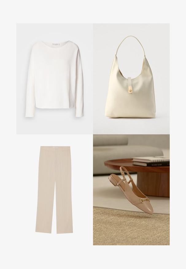 Top à manches longues et col rond en tissu blanc doux et léger avec une coupe décontractée. Doté d'un ourlet net et sans fixation visible.; Pantalons larges beige avec une texture lisse, présentant une coupe ajustée, deux poches avant et un léger pli le long des jambes.; Chaussure plate beige en cuir à bride arrière avec détail de boucle dorée, positionnée en plein air au-dessus d'un tapis tissé, d'une table basse en bois et de livres empilés en arrière-plan.; Sac hobo en cuir couleur crème avec une seule bandoulière, texture lisse et un détail de fermoir doré à l'avant.