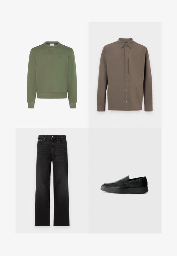 Sweat-shirt vert olive en mélange de coton lisse, avec un col rond, des poignets côtelés et un ourlet droit avec des détails de couture subtils.; Chemise marron à manches longues avec un col pointu, une fermeture à boutons-pression et un design minimaliste. Le tissu semble lisse avec une finition mate.; Jean noir droit avec cinq poches, passants pour ceinture et fermeture par bouton, présenté sur un fond blanc.; Calvin Klein HYBRID CUP - Chaussons - triple black