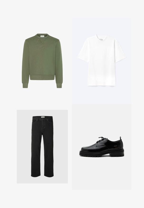 Sweat-shirt vert olive en mélange de coton lisse, avec un col rond, des poignets côtelés et un ourlet droit avec des détails de couture subtils.; T-shirt blanc uni à manches courtes et col rond avec une coupe décontractée, présenté sur un fond clair.; Des jeans en denim noir à coupe droite disposent d'un design classique à cinq poches avec fermeture à bouton, de coutures minimales et d'une texture douce.; Chaussure en cuir noir poli à lacets, semelle en caoutchouc épaisse et talon bas, texte de marque "SAMSOE" sur le côté et languette arrière.