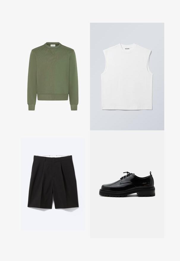 Sweat-shirt vert olive en mélange de coton lisse, avec un col rond, des poignets côtelés et un ourlet droit avec des détails de couture subtils.; Haut blanc sans manches en coton à col rond avec épaules structurées, marqué "WEEKDAY" sur l'étiquette du col, présenté sur un fond gris clair.; Shorts noirs sur mesure longueur genou avec passants de ceinture, poches latérales, fermeture par boutons et plis devant, posés à plat sur fond blanc.; Chaussure en cuir noir poli à lacets, semelle en caoutchouc épaisse et talon bas, texte de marque "SAMSOE" sur le côté et languette arrière.