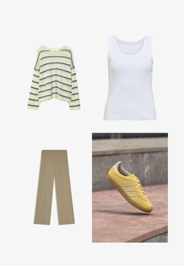 Chemise jaune clair à manches longues avec rayures horizontales noires et bleu clair, col rond et coupe décontractée.; Débardeur blanc côtelé sans manches avec un col en U et une silhouette ajustée.; Pantalon beige à jambes larges avec fines rayures verticales discrètes et une taille haute, posé à plat sur un fond blanc.; Baskets en daim jaune avec un bout arrondi, fermeture à lacets, et trois bandes beiges sur le côté. Comporte un talon beige contrastant et un intérieur rembourré.