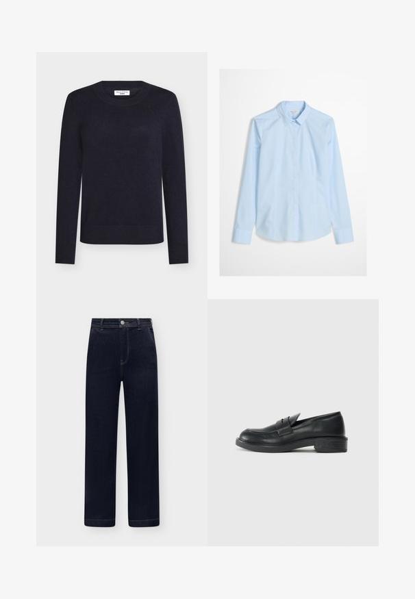 Pull tricoté bleu marine avec un col rond, des manches longues et des bords-côtes aux poignets et à l'ourlet. Fabriqué en tissu doux pour un ajustement confortable.; Chemise bleu clair à manches longues, col classique, avec un logo discret brodé sur la poitrine. Tissu lisse et net.; Jean en denim bleu foncé taille haute, coupe droite, poches avant, fermeture à boutons et passants de ceinture sur fond clair.; Mocassins en cuir noir avec un bout arrondi, des détails cousus et un petit talon. Texture lisse et semelle en caoutchouc flexible.