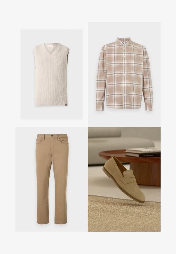 Gilet sans manches en maille beige avec col en V et ourlet côtelé sur fond uni clair.; Chemise à carreaux beige à boutons, manches longues, col boutonné et poche poitrine sur fond blanc.; Pantalon beige à jambes droites avec bouton frontal, fermeture éclair, passants de ceinture et design à cinq poches sur fond blanc.; Mocassin en daim beige flottant au-dessus d'un tapis tissé beige, avec une table basse ronde en bois et des livres empilés en arrière-plan.