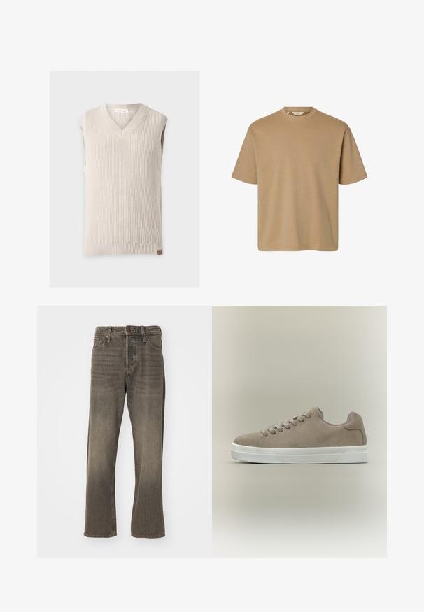 Gilet sans manches en maille beige avec col en V et ourlet côtelé sur fond uni clair.; T-shirt beige à manches courtes avec col rond, coupe décontractée et design uni, présenté sur fond blanc.; Jeans en denim marron avec une coupe droite, présentant une texture décolorée, un style traditionnel à cinq poches et une fermeture à bouton en métal.; Baskets basses en daim beige avec semelle en caoutchouc blanche et lacets beiges assortis sur un fond neutre.