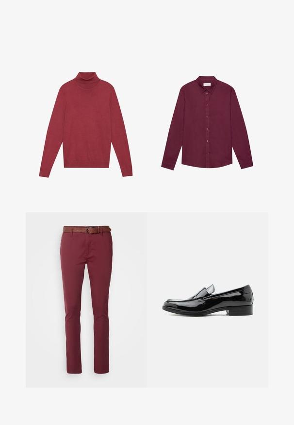 Pull à col roulé rouge en maille douce. Dispose de longues manches et d'une coupe ajustée. Texture lisse sans motifs ni accessoires visibles.; Chemise à manches longues en bordeaux profond, confectionnée dans un mélange de coton. Elle présente un col classique, une fermeture à boutons sur le devant et un léger éclat.; Chinos bordeaux à coupe droite, dotés d'une ceinture en cuir marron. Tissu lisse avec un design épuré et classique sans motifs visibles.; Mocassin pour homme en cuir verni noir avec talon bas, bout arrondi, et détail de bride sur le dessus, sur fond blanc.