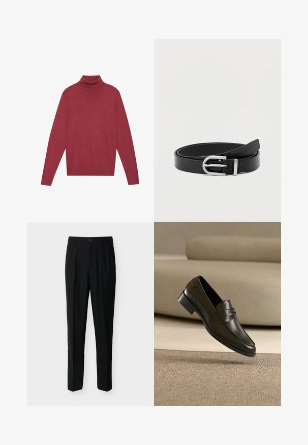 Pull à col roulé rouge en maille douce. Dispose de longues manches et d'une coupe ajustée. Texture lisse sans motifs ni accessoires visibles.; Pantalon noir taille haute, ajusté, avec passants de ceinture, plis à l'avant, poches latérales et fermeture boutonnée avec zip.; Mocassin en cuir noir flottant au-dessus d'un tapis beige avec un canapé beige en arrière-plan, mettant en valeur le design classique pour hommes sans lacets.; Ceinture en faux cuir noir avec texture crocodile et boucle ronde en argent, enroulée sur un fond blanc uni.