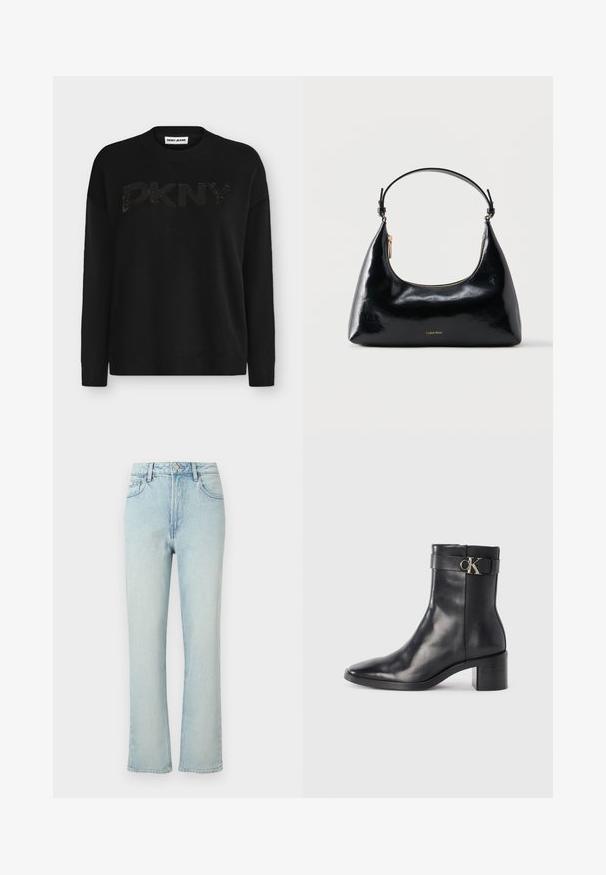 Pull DKNY noir à manches longues avec un col rond côtelé, des poignets et une base, arborant un subtil logo DKNY brillant sur la poitrine.; Jean bleu clair taille haute à jambes droites avec bouton avant, passants de ceinture et design classique à cinq poches sur fond uni.; Botte de cheville en cuir noir avec un bout pointu, un talon carré et une sangle avec un détail de logo métallique. Texture lisse et design minimaliste.; Sac à main Calvin Klein noir brillant avec fermeture éclair dorée et anse courte sur fond blanc uni.