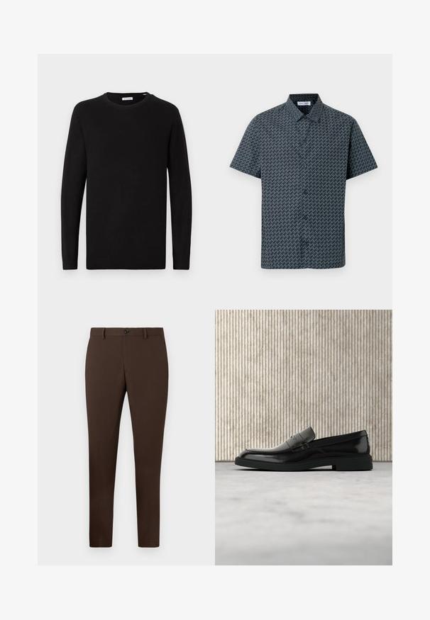 Zwarte ronde hals trui, lange mouwen, gebreide stof, geribbelde manchetten en onderrand, minimalistisch ontwerp, gladde textuur, geen zichtbare patronen.; Korte mouw blouse in marineblauw met een wit zigzagpatroon. Voorzien van een klassieke kraag en knoopsluiting aan de voorkant. Glad stoftextuur.; Bruine slanke dress trousers met riemlussen, een voorknop en ritsluiting op een effen witte achtergrond.; Zwarte gepolijste leren loafer die boven een beige tapijt zweeft met oranje doorschijnend meubilair op de achtergrond.