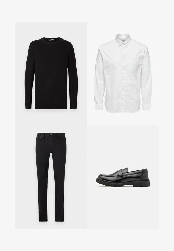 Suéter negro de cuello redondo, de manga larga, tejido de punto, con puños y dobladillo de canalé, diseño minimalista, textura suave, sin patrones visibles.; Camisa blanca de manga larga con botones, cuello y bolsillo en el pecho, con la etiqueta "Selected Homme" en el interior del cuello.; Jeans negros ajustados con cinco bolsillos, cierre de botón y trabillas para cinturón, exhibidos planos sobre un fondo blanco.; Mocasin de cuero negro con una cinta ancha en el empeine, suela de goma con tacos gruesos y textura suave. Diseño clásico y elegante.
