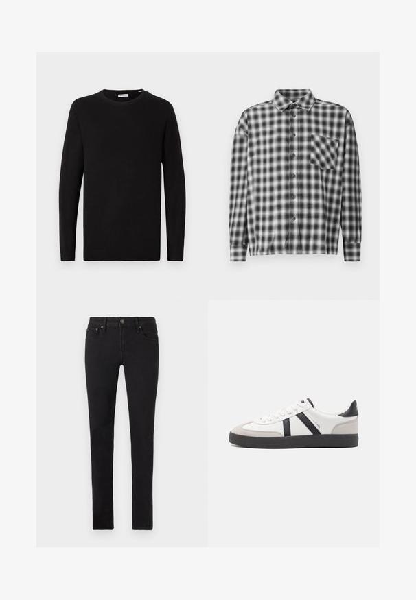 Suéter negro de cuello redondo, de manga larga, tejido de punto, con puños y dobladillo de canalé, diseño minimalista, textura suave, sin patrones visibles.; Camisa de manga larga a cuadros en blanco y negro, fabricada en un tejido suave, con un cierre de botones en la parte delantera y un bolsillo en el pecho. Diseño con cuello y ajuste relajado.; Jeans negros ajustados con cinco bolsillos, cierre de botón y trabillas para cinturón, exhibidos planos sobre un fondo blanco.; Zapatilla blanca con acentos en negro y gris, que presenta una puntera texturizada en gris, suela de goma negra y cordones planos blancos. Diseño limpio, estilo minimalista.