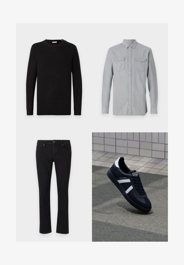 Sort crew neck sweater, lange ærmer, strikket stof, ribbede manchetter og kant, minimalistisk design, glat tekstur, ingen synlige mønstre.; Lysegrå langærmet denimskjorte med knappet front, to brystlommer med klapper og knapper samt en spids krave.; Sorte denimjeans med lige snit, fem-lomme design, metalknaplukning og minimal syning. Glat tekstur hele vejen igennem.; Sort lædersneaker med hvide striber, tekstureret gummisål og snørrebånd foran. Har et brandet mærke på tungen.