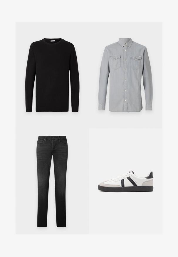 Suéter negro de cuello redondo, de manga larga, tejido de punto, con puños y dobladillo de canalé, diseño minimalista, textura suave, sin patrones visibles.; Camisa vaquera de manga larga color gris claro, con cierre de botones en la parte delantera, dos bolsillos en el pecho con solapas y botones, y cuello puntiagudo.; Vaqueros de mezclilla negra con un corte ajustado, que presentan dos bolsillos frontales, un bolsillo trasero y un ligero desgaste a lo largo de las piernas para añadir textura.; Zapatilla blanca con acentos en negro y gris, que presenta una puntera texturizada en gris, suela de goma negra y cordones planos blancos. Diseño limpio, estilo minimalista.