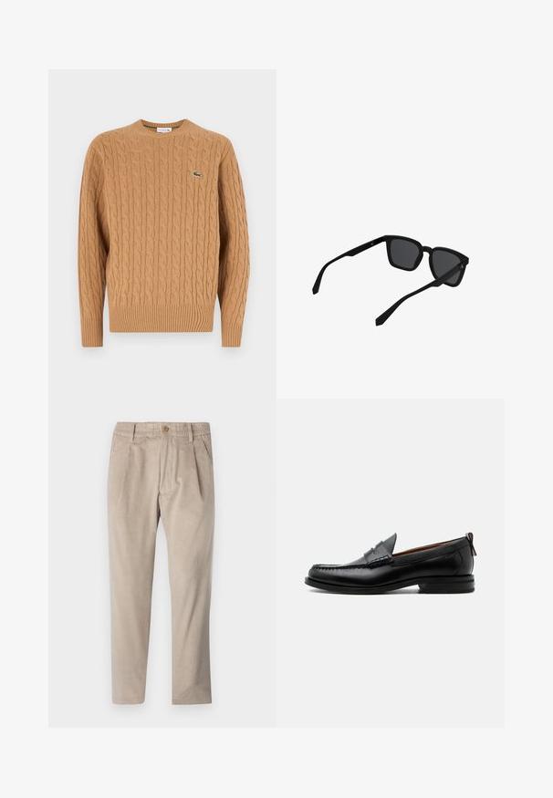 Kabelgebreide trui in camel kleur, gemaakt van textiel met structuur, met een geribbelde onderkant en mouwen, en een klein groen logo op de borst.; Beige corduroy broek met een elastische tailleband, knoopsluiting en plooien, met een rechte pijp en een gestructureerde stof.; Zwarte leren herensloffen met moc toe stiksel, pennyriem, gestructureerde kraag en lage gestapelde hak op witte achtergrond.; Zwarte rechthoekige zonnebril met dikke monturen en donkere glazen, licht schuin weergegeven op een witte achtergrond.