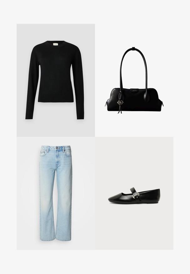 Pull en tricot noir avec un col rond, des manches longues et une coupe slim, doté d'une texture lisse et de détails minimalistes.; Jeans à jambes larges bleu clair en denim, présentant un design classique à cinq poches et une texture légèrement décolorée. La couture en denim est visible.; Chaussure plate Mary Jane en cuir noir avec bout arrondi et bride à boucle argentée sur fond uni.; Sac à main en cuir noir Calvin Klein avec de longues anses, une étiquette logo à l'avant et un charme géométrique argenté suspendu à une anse.