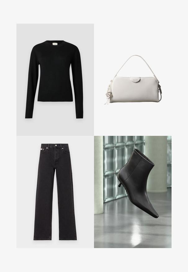 Pull en tricot noir avec un col rond, des manches longues et une coupe slim, doté d'une texture lisse et de détails minimalistes.; Jeans noirs à jambes larges en denim, avec une taille haute, une coupe à cinq poches et une fermeture à bouton en métal avec des coutures contrastantes.; Bottine en cuir noir avec bout pointu et petit talon, présentée devant un mur en blocs de verre et un sol poli.; Sac à main rectangulaire blanc Calvin Klein avec une seule poignée, design minimaliste et pampilles décoratives avec un charm métallique géométrique sur le côté.