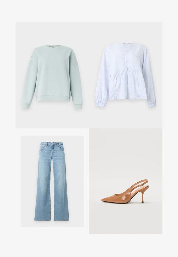 Sweat-shirt à manches longues bleu clair avec col ras du cou, poignets et ourlet côtelés, présenté sur un fond blanc uni.; Blouse à manches longues bleu clair et blanc à rayures verticales, col en V, boutonnage devant et panneaux décoratifs en dentelle sur le devant.; Jean en denim bleu clair taille haute avec jambes larges, bouton et fermeture éclair à l'avant, style classique cinq poches.; Escarpin à talon slingback à bout pointu en matériau beige lisse et brillant. Présente un design de découpes courbées et un talon aiguille fin. Détail de boucle en argent.