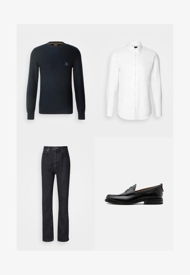 Gebreide donkerblauwe trui met lange mouwen, ronde hals, textuurstof en een klein logo-opnäher op de borst.; Witte blouse met lange mouwen, knoopsluiting aan de voorkant, klassieke kraag, gemaakt van gladde stof met een subtiele textuur, ontworpen voor een aansluitende pasvorm.; Hoge taille zwarte denim jeans met een knoop- en ritssluiting, voor- en achterzakken en een rechte pasvorm.; Zwarte leren herensloffen met moc toe stiksel, pennyriem, gestructureerde kraag en lage gestapelde hak op witte achtergrond.