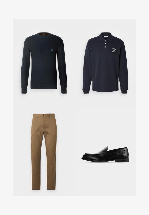 Strikket navyblå sweater med lange ærmer, rund halsudskæring, tekstureret stof og et lille logo-patch på brystet.; Marine langærmet polo skjorte, blanding af bomuld, med treknaps lukning, ribbede manchetter og et hvidt skjoldlogo på venstre bryst.; Slim fit khaki chinos til mænd med bæltestropper, knaplukning foran og lige ben på en ensfarvet baggrund.; Sort læder slip-on loafer med lav hæl, rundet tå og dekorative syninger langs øverste kant.