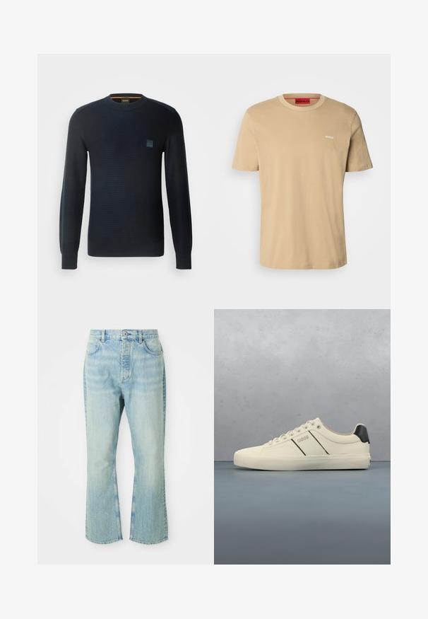 Gestreifter marineblauer Pullover mit langen Ärmeln, rundem Ausschnitt, strukturiertem Stoff und einem kleinen Logo-Patch auf der Brust.; Beige Baumwoll-T-Shirt mit Rundhalsausschnitt, kurzen Ärmeln und einem kleinen weißen "HUGO"-Logo auf der Brust. Glatte Textur ohne Muster.; Hellblaue, ausgestellte Jean mit hoher Taille, ausgestattet mit fünf Taschen, Gürtelschlaufen und einem ausgewaschenen Denim-Look.; Cremfarbene Sneaker mit glatter Oberfläche, die schwarze Akzente und Markenlogo aufweisen. Klassisches Schnürdesign mit runder Zehenform und Gummisohle.