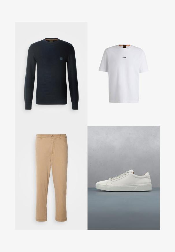 Strikket navyblå sweater med lange ærmer, rund halsudskæring, tekstureret stof og et lille logo-patch på brystet.; Hvid bomuld T-shirt med korte ærmer, med et sort "BOSS" logo centreret på brystet og en rund halsudskæring.; Beige bomuldsbukser med lige ben, der har lynlåslukning og knaplukning fortil, manchetter og to sidelommer.; Hvid lædersneaker med rund tå, minimalistisk design, grå snørebånd og en tekstureret grå gummisål. Subtile syningsdetaljer er synlige.