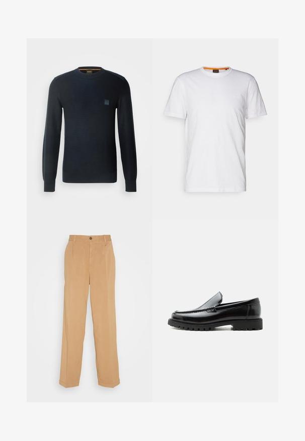 Gestreifter marineblauer Pullover mit langen Ärmeln, rundem Ausschnitt, strukturiertem Stoff und einem kleinen Logo-Patch auf der Brust.; Weißes Baumwoll-T-Shirt mit Rundhalsausschnitt, kurzen Ärmeln und einem dezenten geprägten Logo auf der Brust. Das Innenschild hat einen orangefarbenen Akzent.; Beige weite Hose aus weichem Stoff, mit zwei frontalen Taschen, einem Knopfverschluss und Bügelfalten entlang der Beine.; Schwarzer Lederloafer mit grober Gummisohle, genähter Oberseite und geprägtem Markennamen an der Ferse, seitlich auf weißem Hintergrund gezeigt.