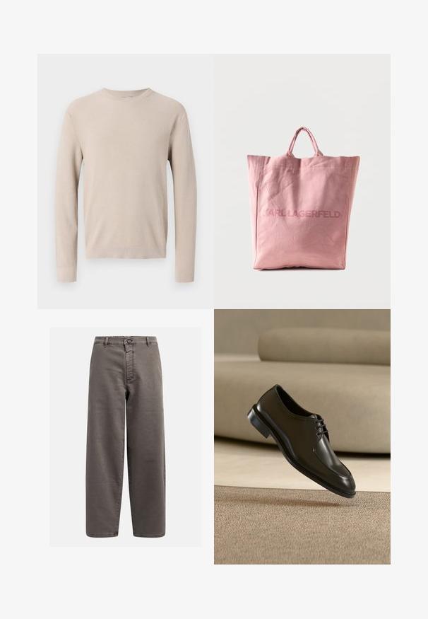 Pull beige à manches longues avec col rond, poignets et ourlet côtelés, présentant un motif en tricot texturé.; Pantalons larges gris en mélange de coton ; avec fermeture à bouton, passants de ceinture et poches avant ; texture lisse et durable.; Chaussure habillée en cuir noir avec laçage fermé flottant au-dessus d'un tapis beige, canapé beige flou en arrière-plan.; Sac cabas en tissu rose avec des poignées courtes, avec le texte « KARL LAGERFELD » imprimé au centre avant.